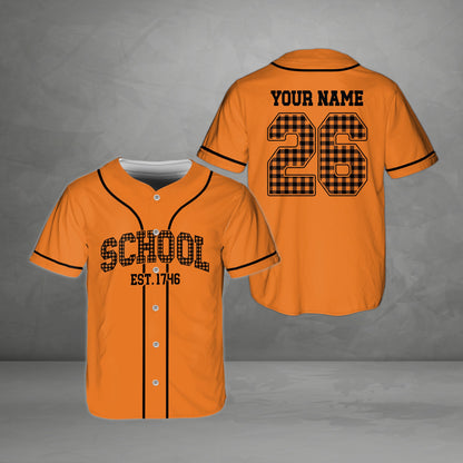 Orange custom baseball jersey with school plaid details