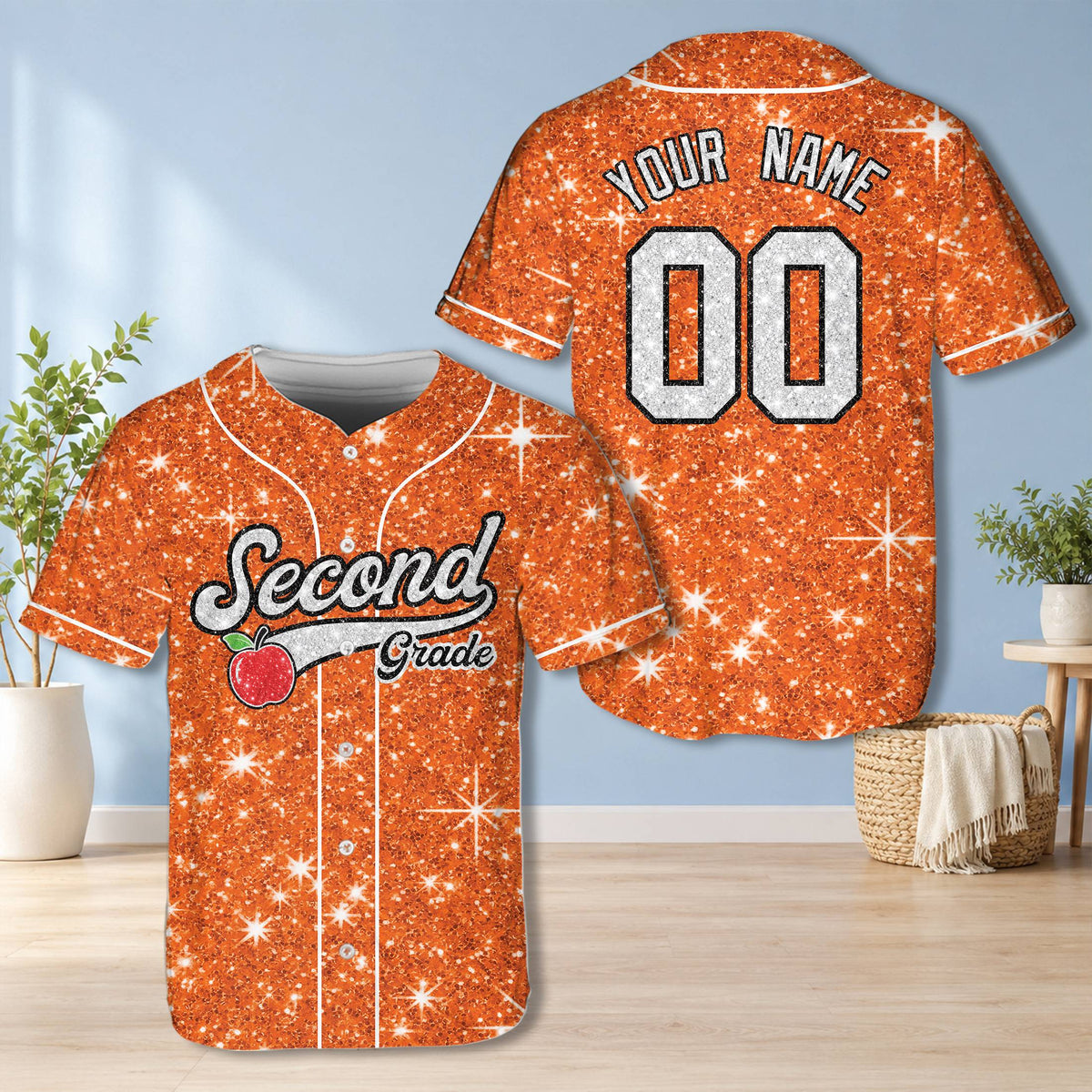 Personalized orange school baseball jersey for adults, front view
