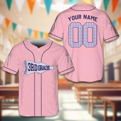 Pink school baseball jersey with 3rd grade pennant graphic, front view