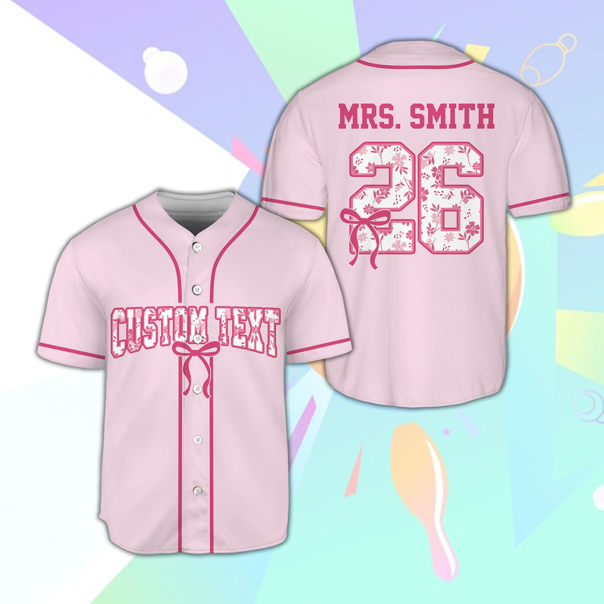 Pink custom baseball jersey featuring floral school design