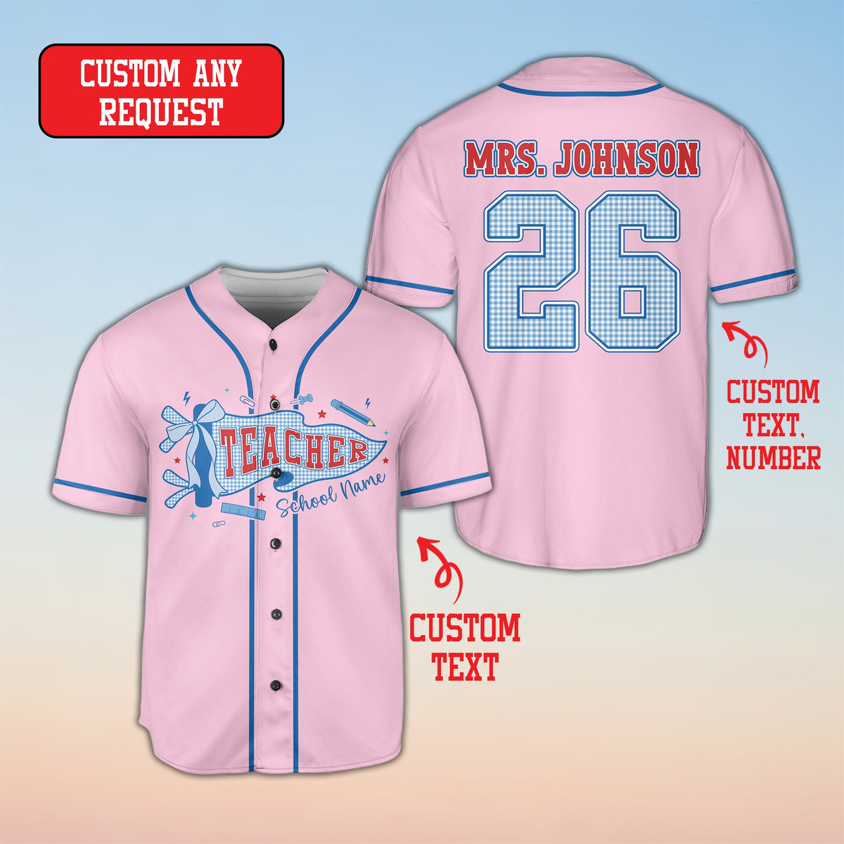 Pink custom name and number baseball jersey with school theme, front view