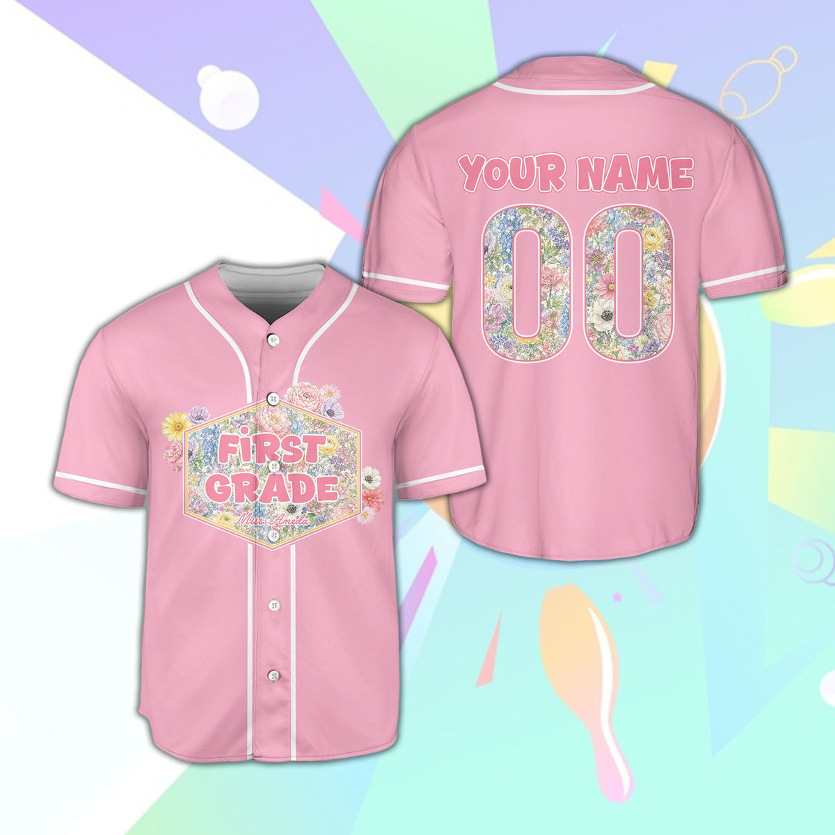 Pink personalized baseball jersey with school floral design, front view