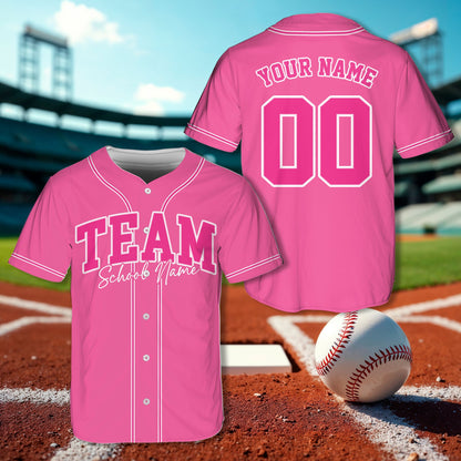 Another view of the pink personalized baseball jersey showing fit and fabric