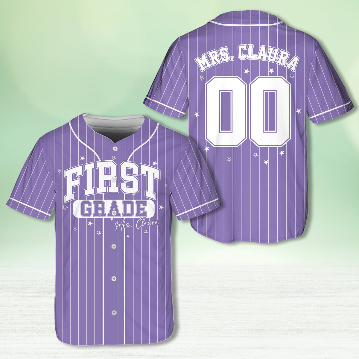 Personalized school baseball jersey in purple with custom name and number, front view