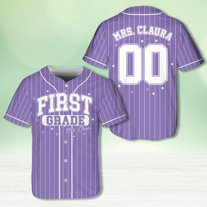 Personalized school baseball jersey in purple with custom name and number, front view