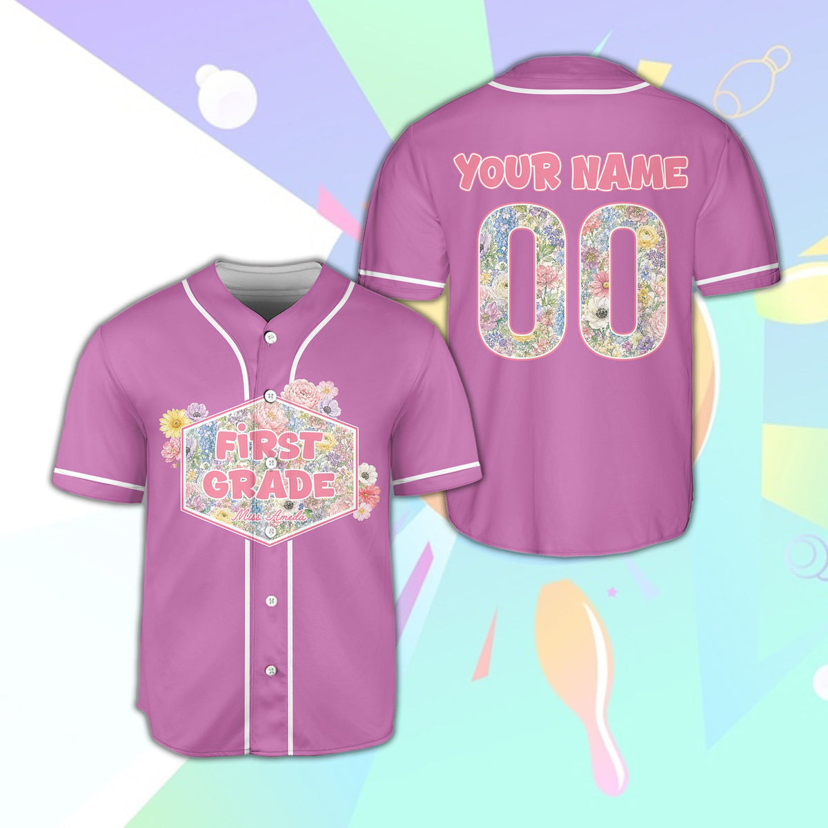 Purple personalized school baseball jersey with custom design, front view