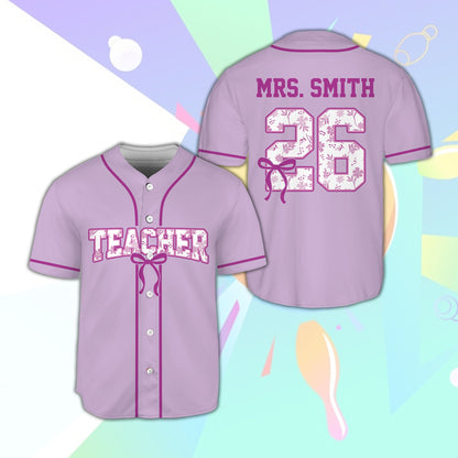 Lavender personalized school baseball jersey with bow graphic