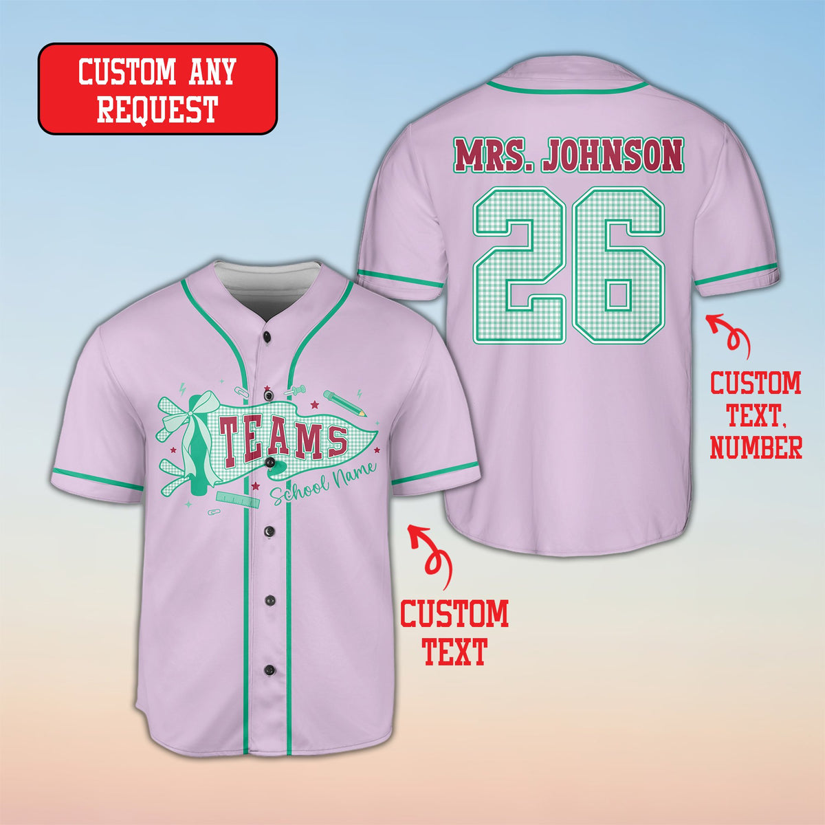 Purple personalized school baseball jersey, front view