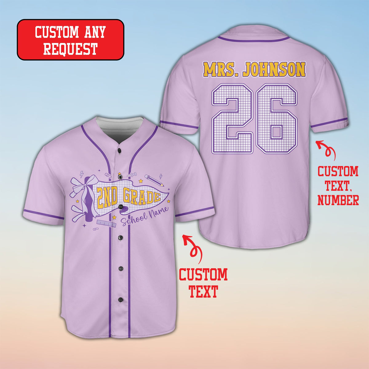 Purple school baseball jersey custom name and number, front view