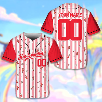 Personalized red school baseball jersey front view with stripes and classroom illustrations