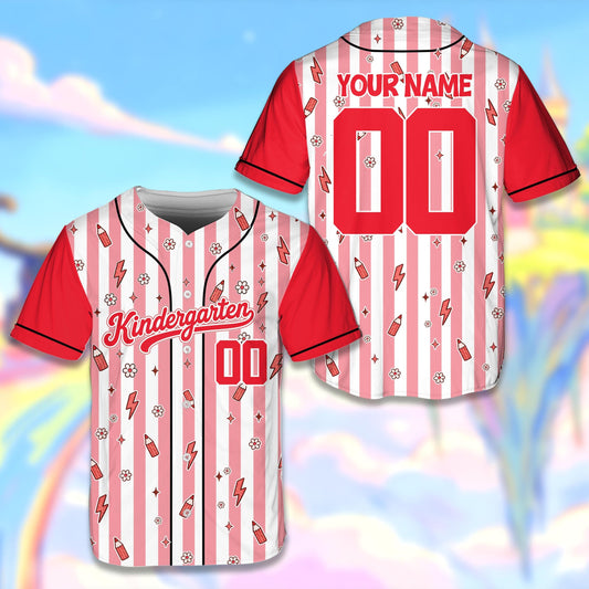 Personalized red school baseball jersey front view with stripes and classroom illustrations