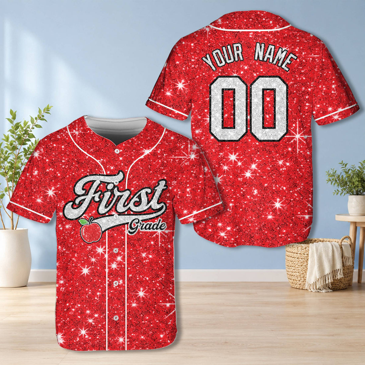 Personalized red school baseball jersey with custom name and number, front view