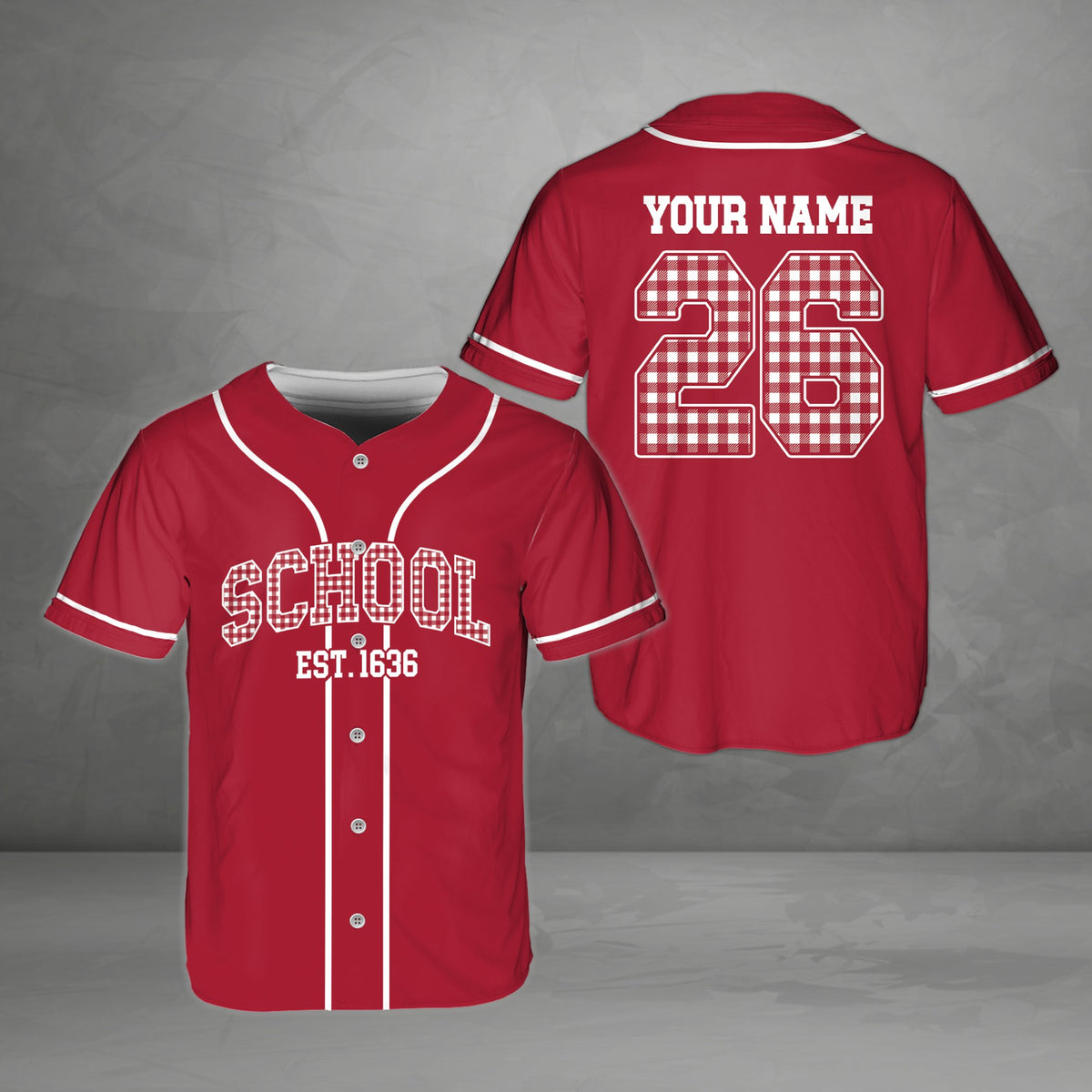 Personalized red school baseball jersey with custom plaid name and number