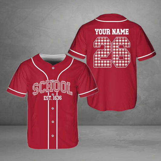 Personalized red school baseball jersey with custom plaid name and number