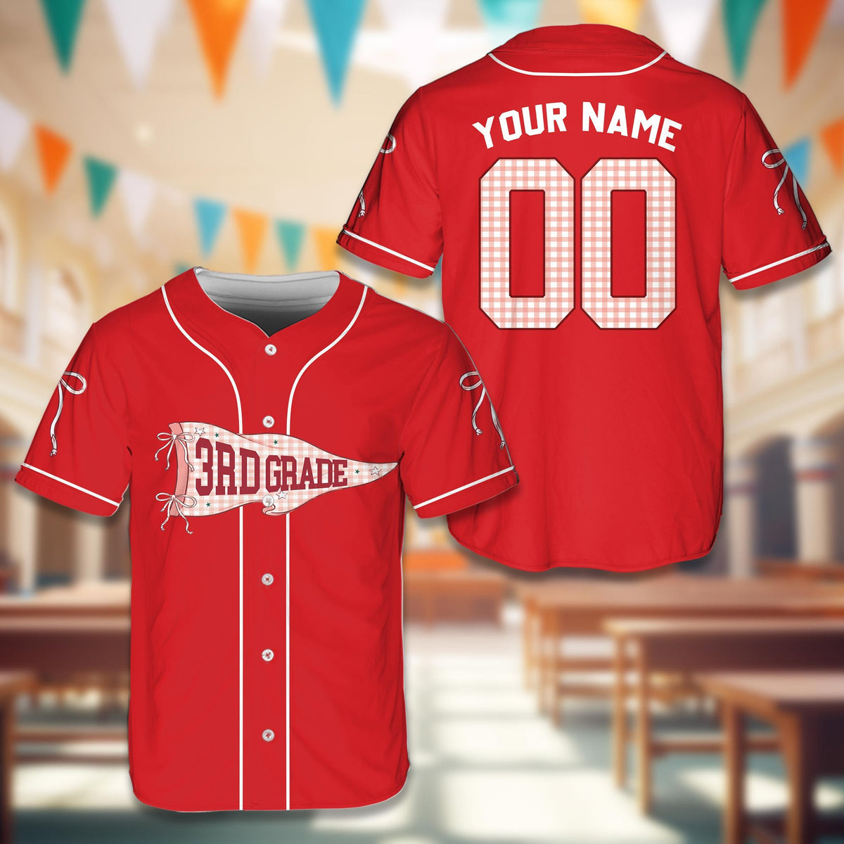 Red school baseball jersey with 3rd grade pennant graphic, front view