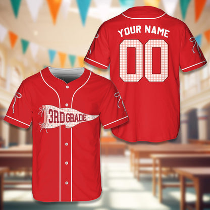 Red school baseball jersey with 3rd grade pennant graphic, front view