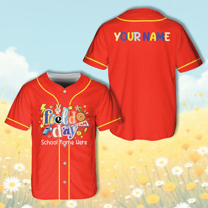 Front view of personalized school baseball jersey in red