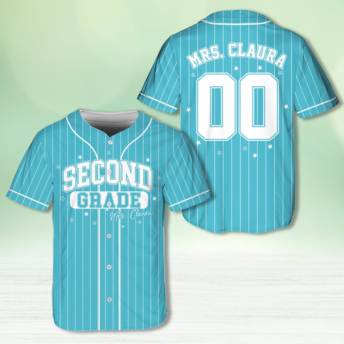 Personalized school baseball jersey in teal with custom name and number, front view