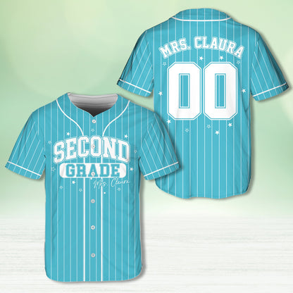 Personalized school baseball jersey in teal with custom name and number, front view