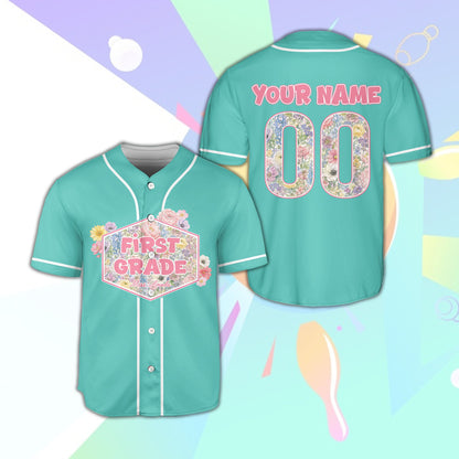 Teal custom name and number baseball jersey for school, front view