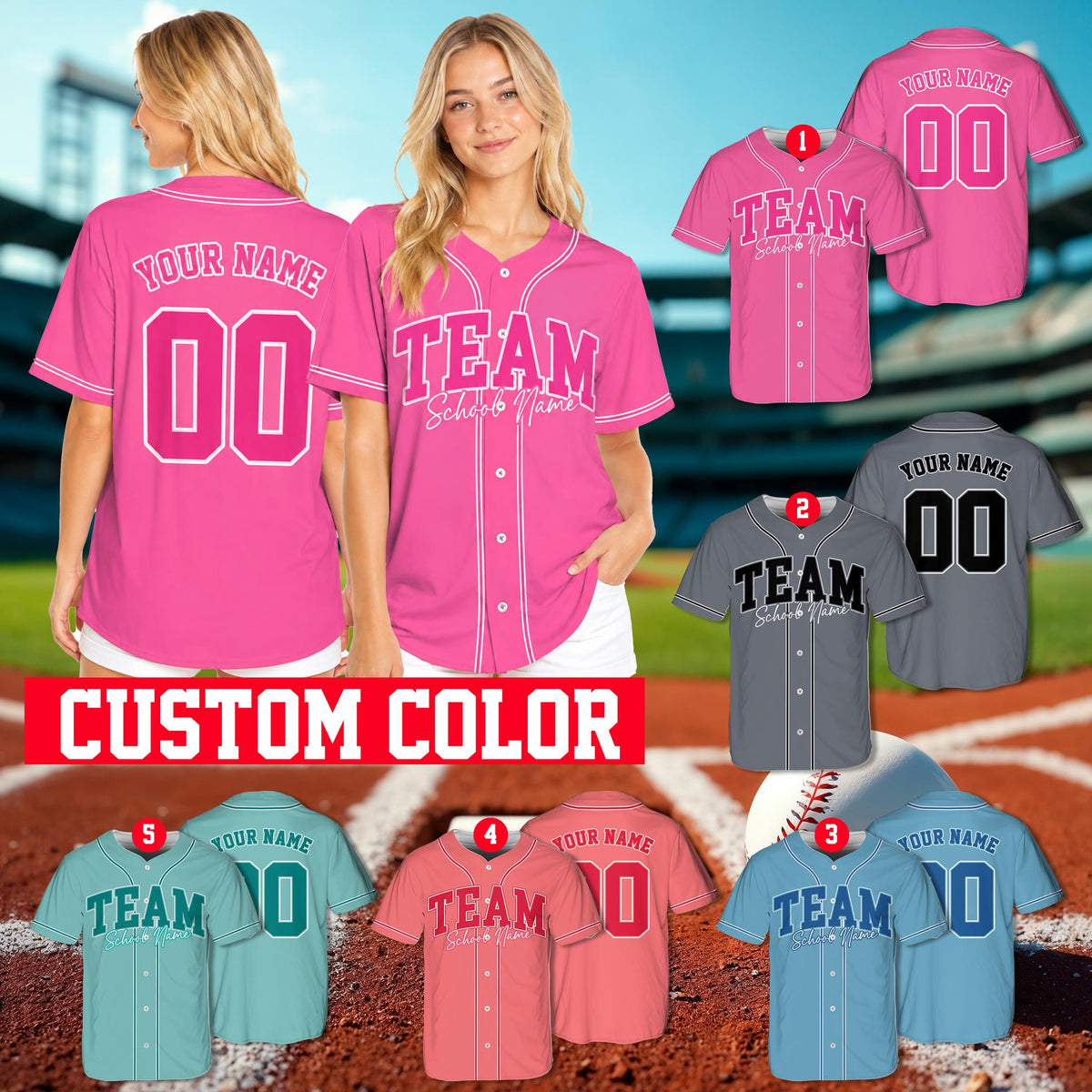Back view showing custom name and number on the school baseball jersey