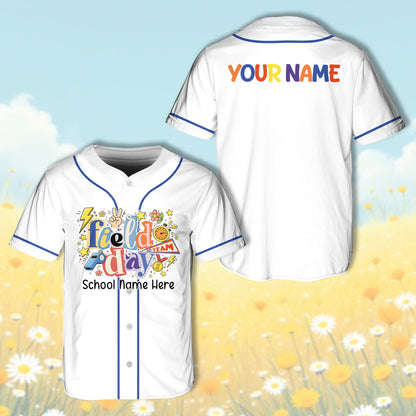 Main view of personalized school baseball jersey in white with custom name and retro field day graphic