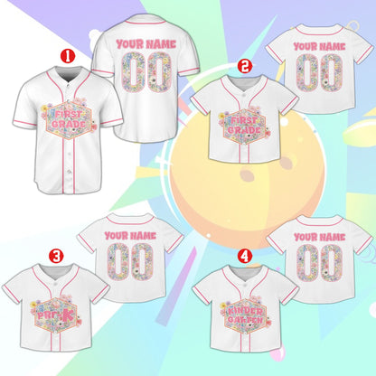 Front view of the white personalized school baseball jersey