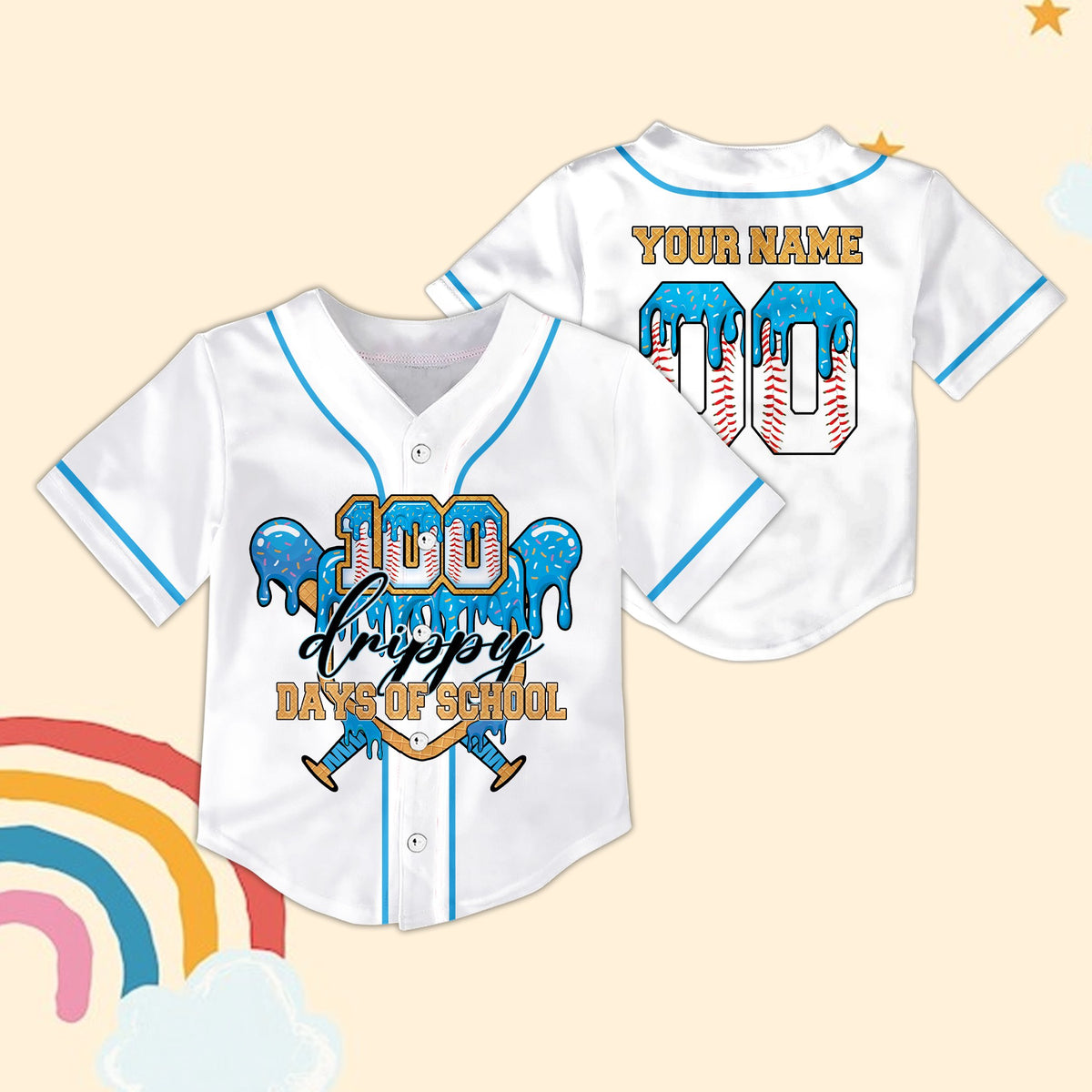 Front view of the white school baseball jersey featuring '100 drippy DAYS OF SCHOOL' text with colorful sprinkles