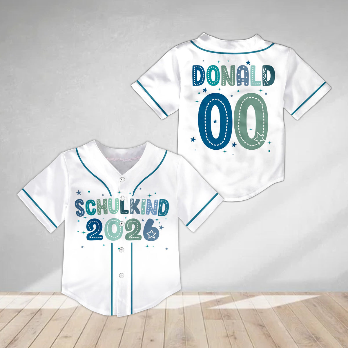 Front view of white custom Schulkind 2026 baseball jersey