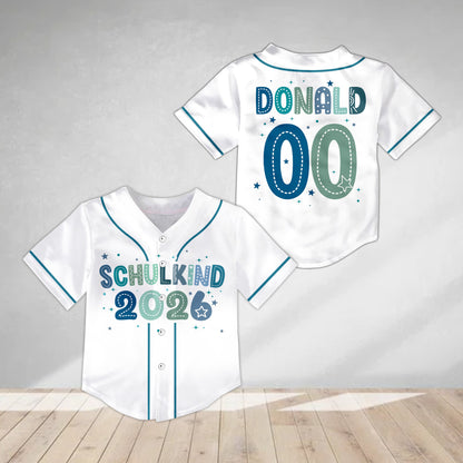 Front view of white custom Schulkind 2026 baseball jersey