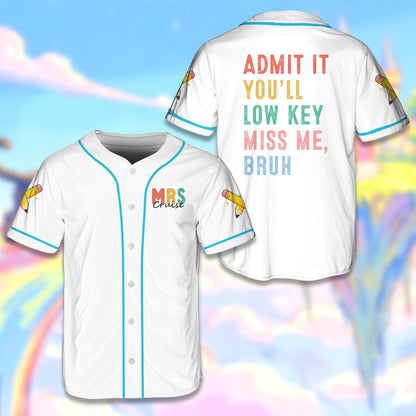 Front view of the white custom baseball jersey with playful school-themed graphics and custom name placement.