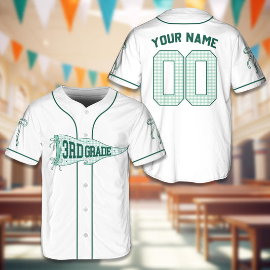 White school baseball jersey with 3rd grade pennant and custom name and number, main view