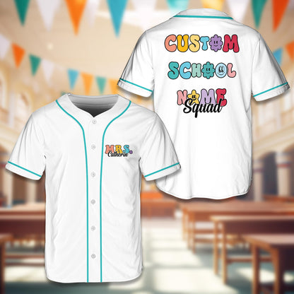Front view of a white personalized baseball jersey with retro bubble font style customization