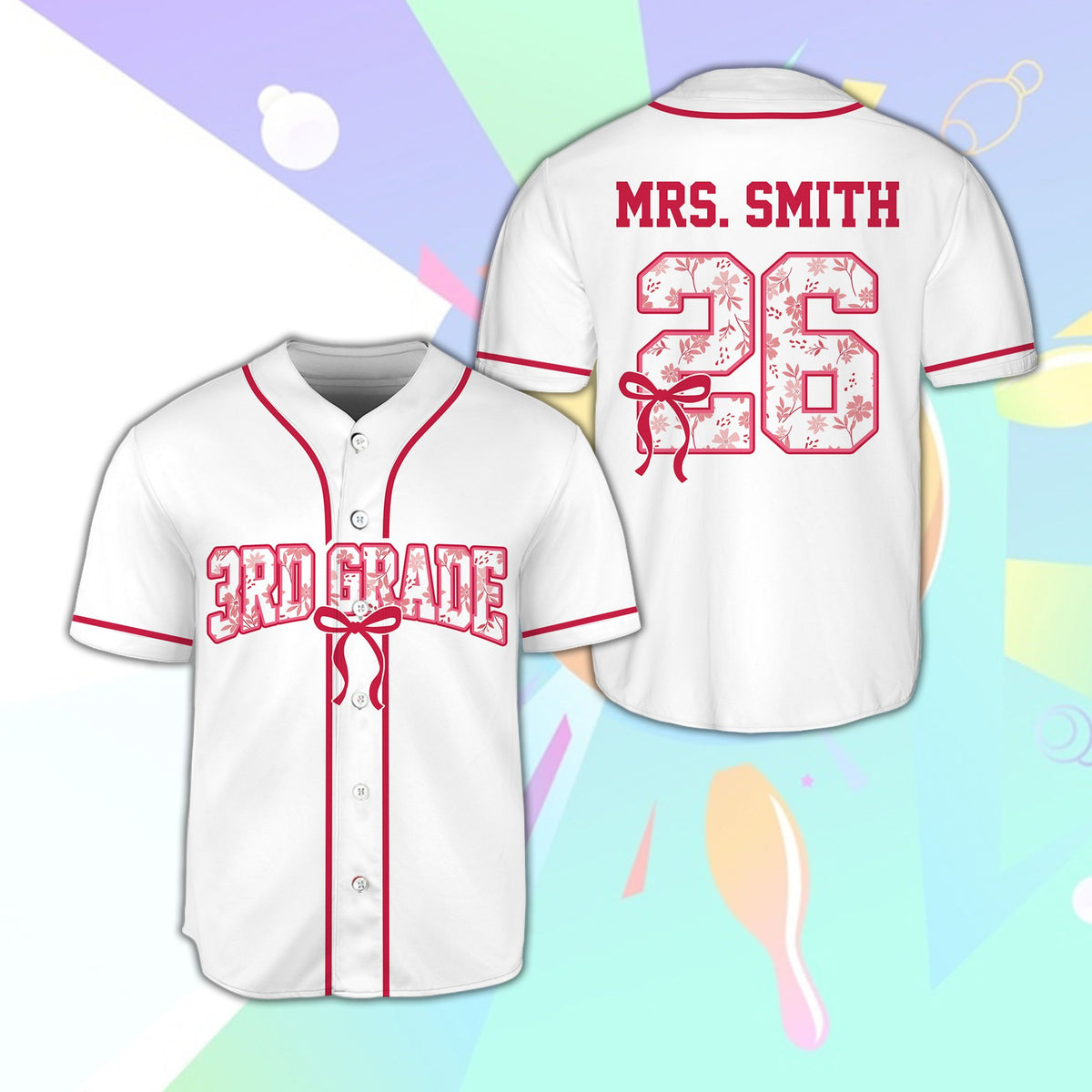 White school baseball jersey with floral text and decorative bow graphic, front view