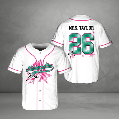 Personalized school baseball jersey in white with abstract star patterns and custom text, front view