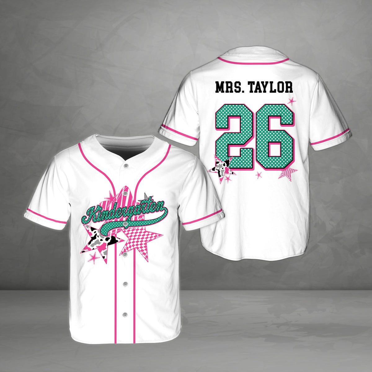 Personalized school baseball jersey in white with abstract star patterns and custom text, main view