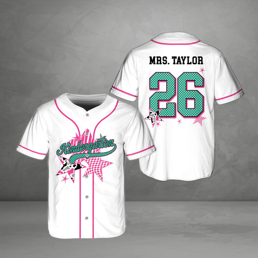 Personalized school baseball jersey in white with abstract star patterns and custom text, main view