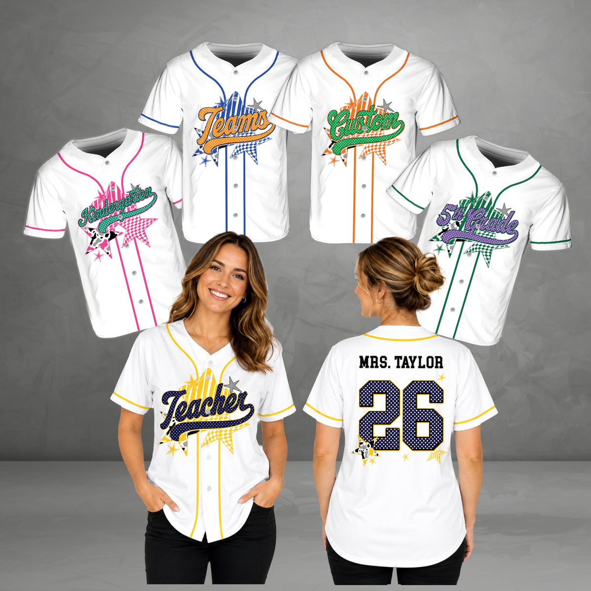 Adult wearing the personalized white school baseball jersey, lifestyle view