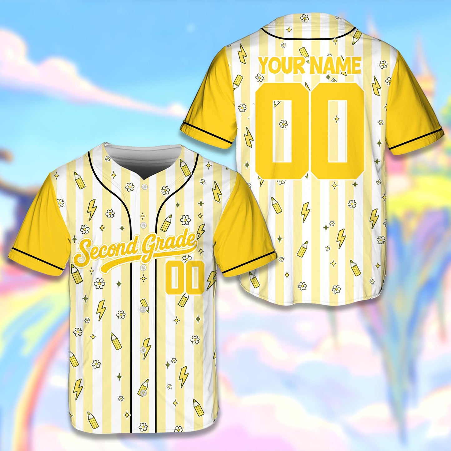 Personalized yellow school baseball jersey front view