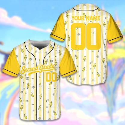 Personalized yellow school baseball jersey front view