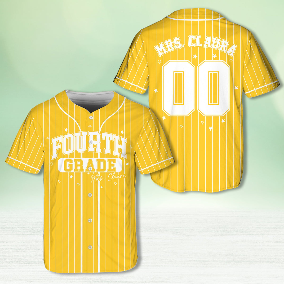 Personalized school baseball jersey in yellow with custom name and number, front view