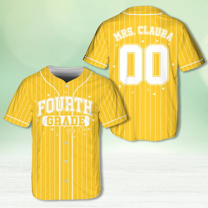 Personalized school baseball jersey in yellow with custom name and number, front view