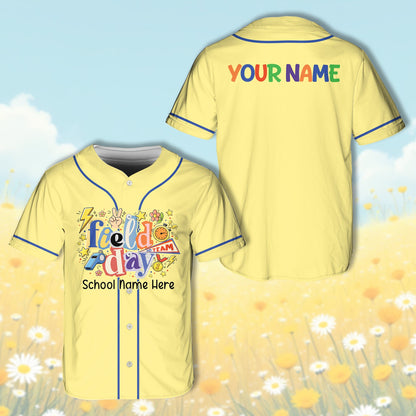 Front view of personalized school baseball jersey in yellow