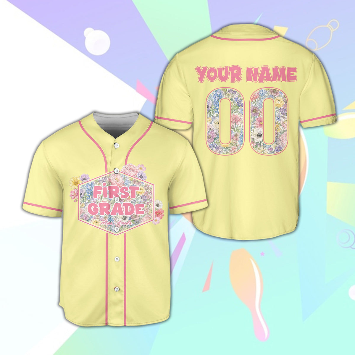 Yellow school baseball jersey featuring custom floral art, front view