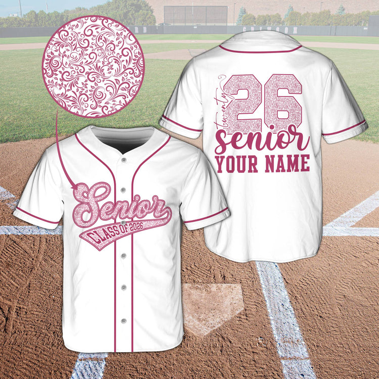 Main view of personalized senior class baseball jersey in white with floral design and custom name