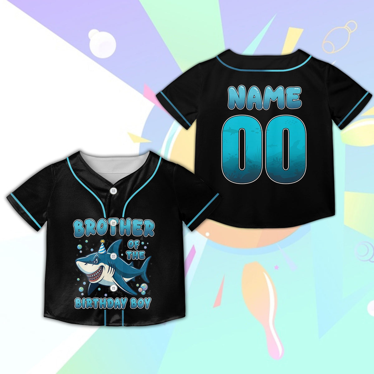 Close up of cartoon shark and bubbles on birthday baseball jersey