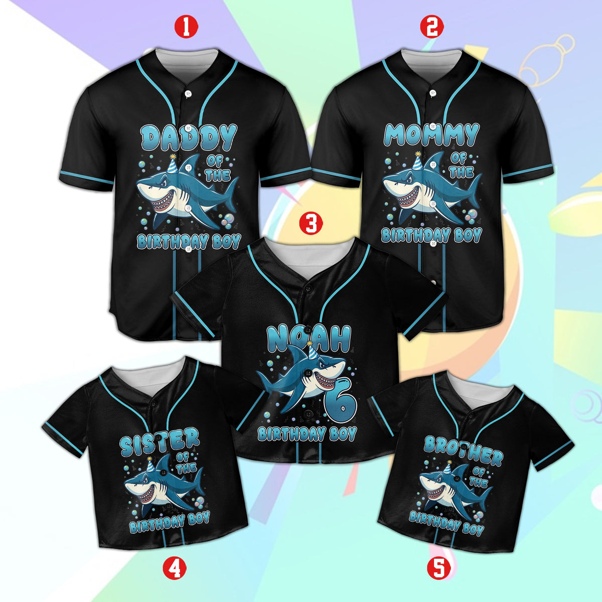 Front view of personalized black shark baseball jersey with light blue piping