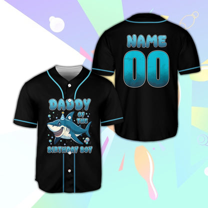 Full view of the personalized shark birthday baseball jersey