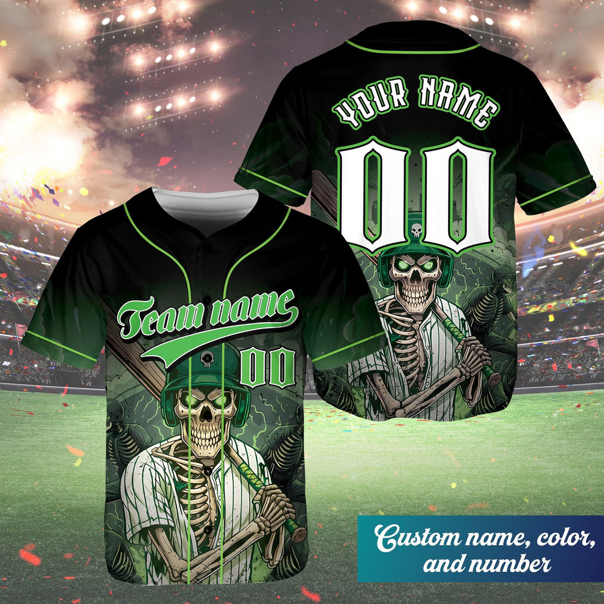 Front view of the personalized black skeleton baseball jersey with lightning bolt details