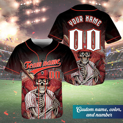 Close-up of the skeleton baseball player design on the front of the custom jersey